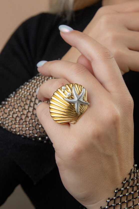 Two Tone Δαχτυλίδι Κοχύλι με Αστερία και Περλίτσες