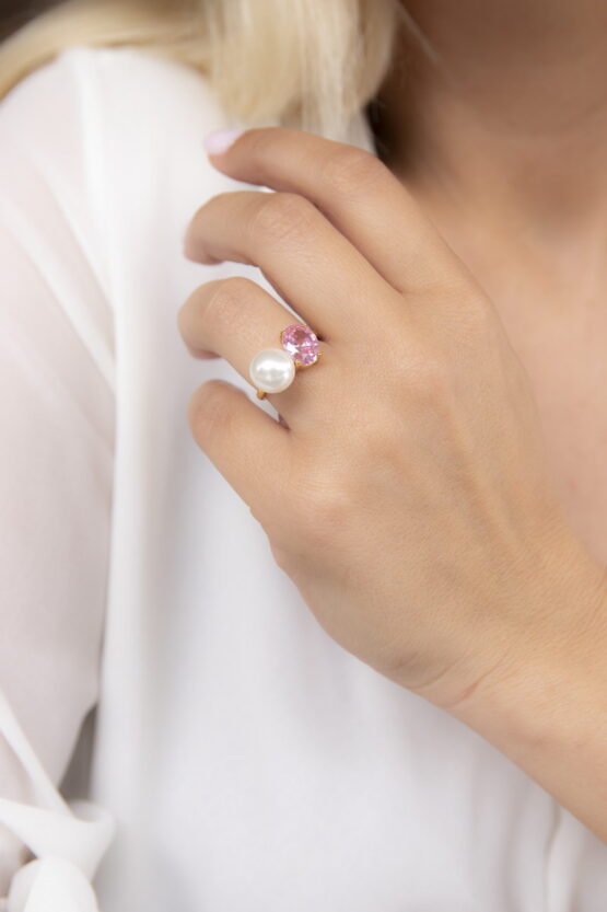Πέρλα Και Ροζ Ζιργκόν Πέτρα Stainless Steel Δαχτυλίδι