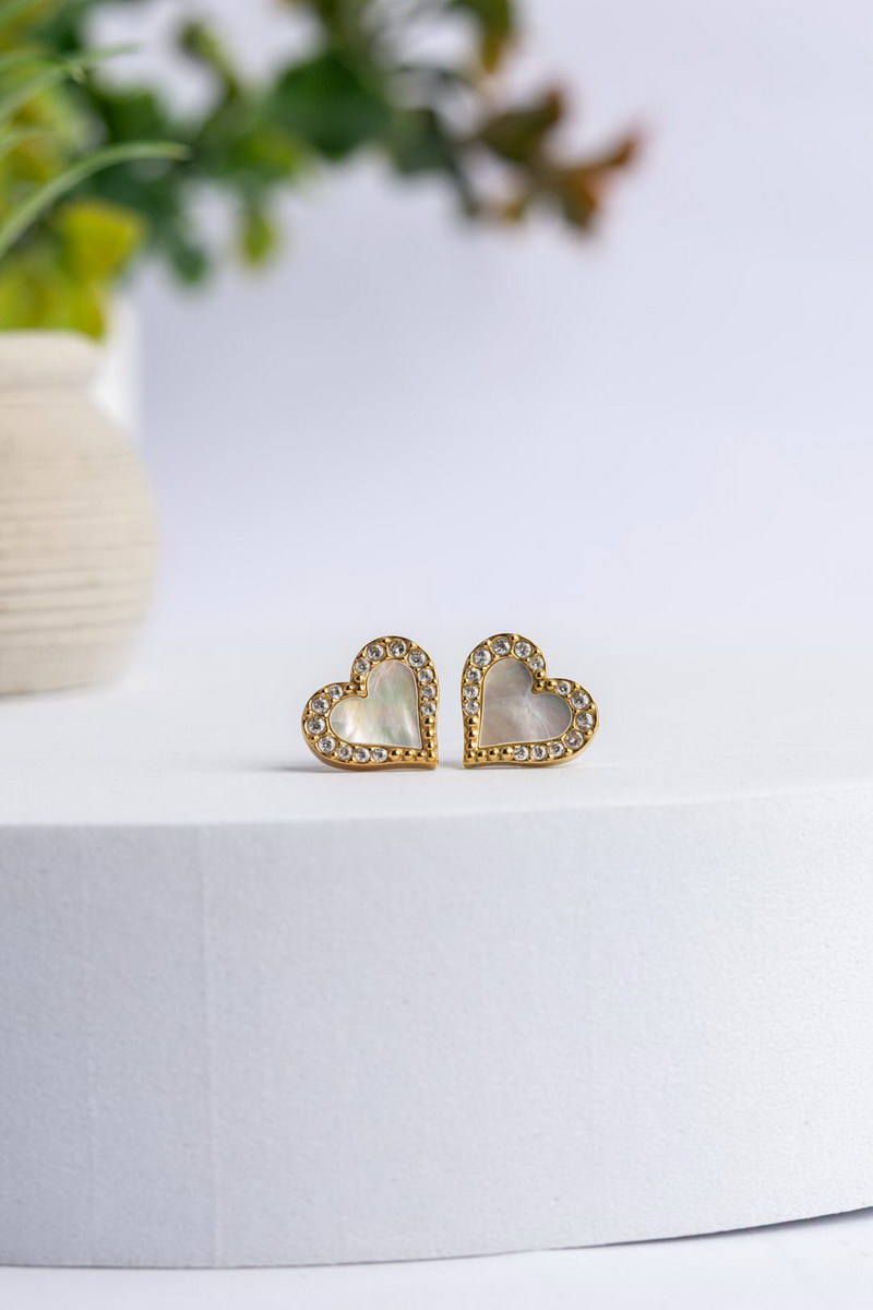 Λευκά Καρφωτά Σκουλαρίκια Με Καρδούλες και Ζιργκόν Stainless Steel