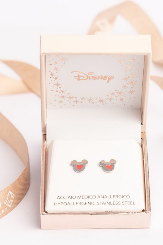 Mickey Mouse Ασημί Disney Κόκκινες Καρδιές Σκουλαρίκια Stainless Steel