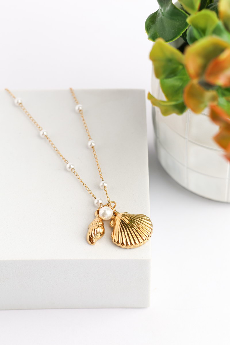 Αιγαίο Stainless Steel Κολιέ Με Πέρλες Και Κοχύλια