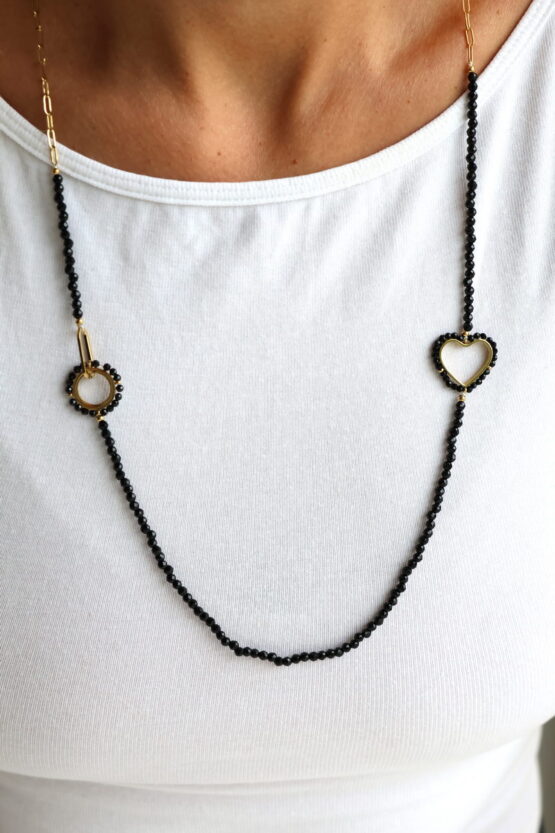 Black Heart Stainless Steel Κολιέ με  Μαύρες Γυαλιστερές Πέτρες